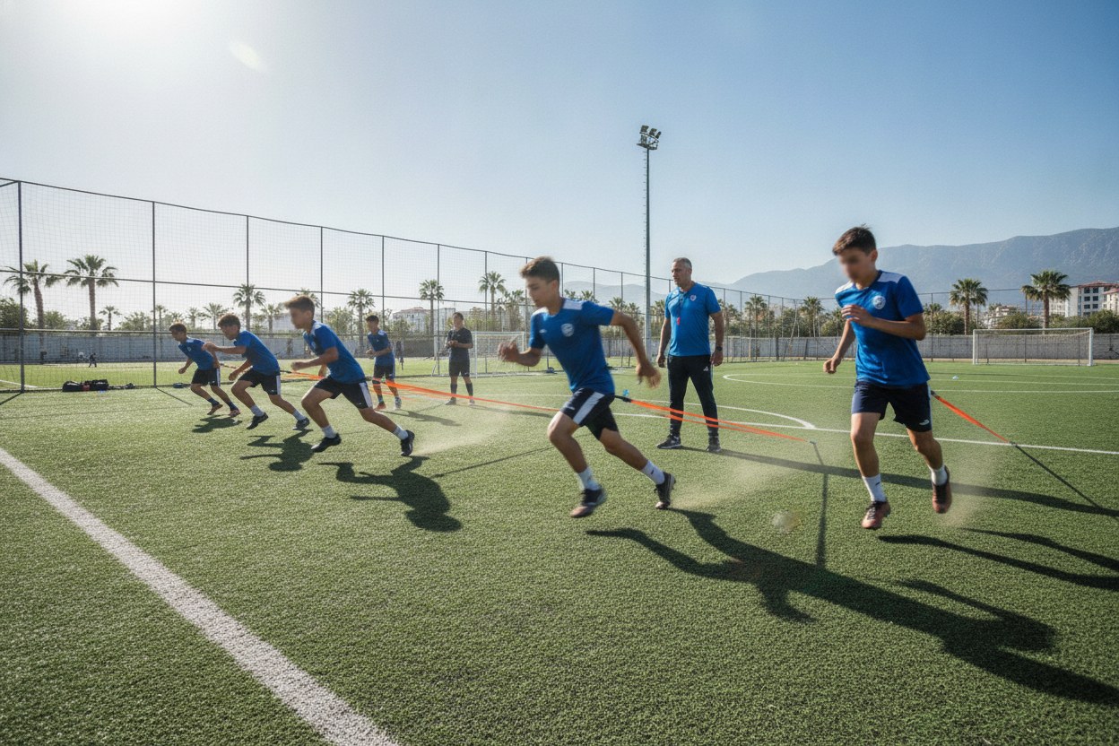 Antalya Lara intensif futbol kampı — genç sporcular taktik çalışıyor