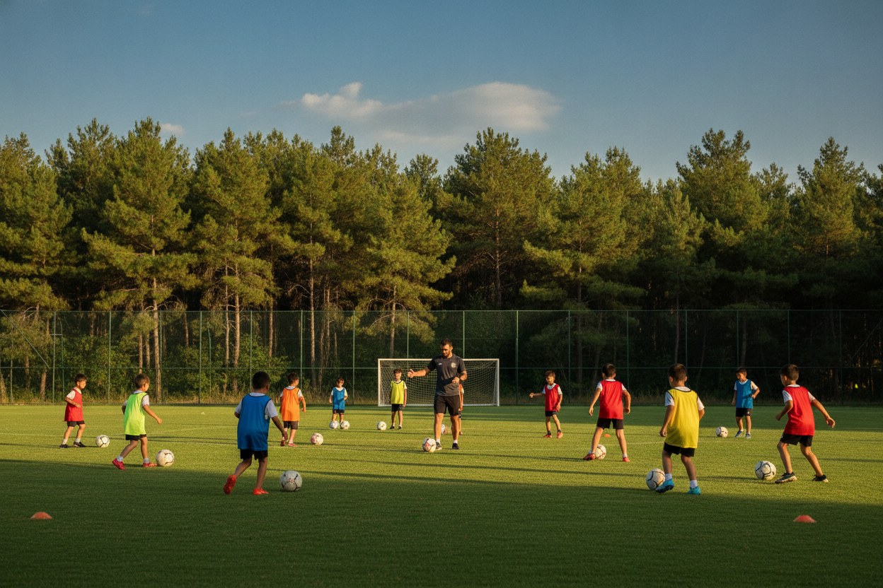 Antalya Belek yaz futbol kampı — çocuklar sahada antrenman yapıyor